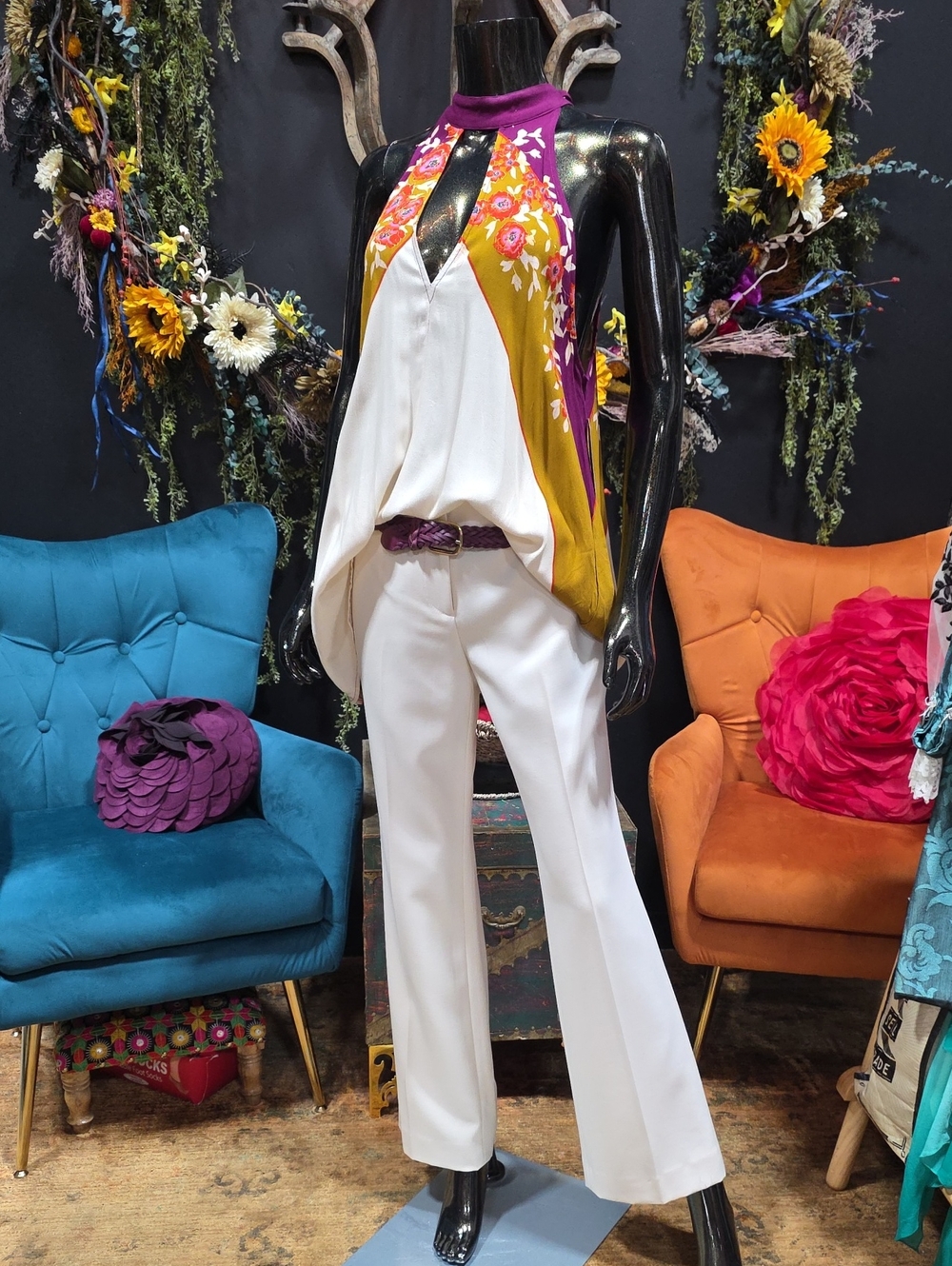 Free People Purple Gold/Mustard & White Floral Halter Top